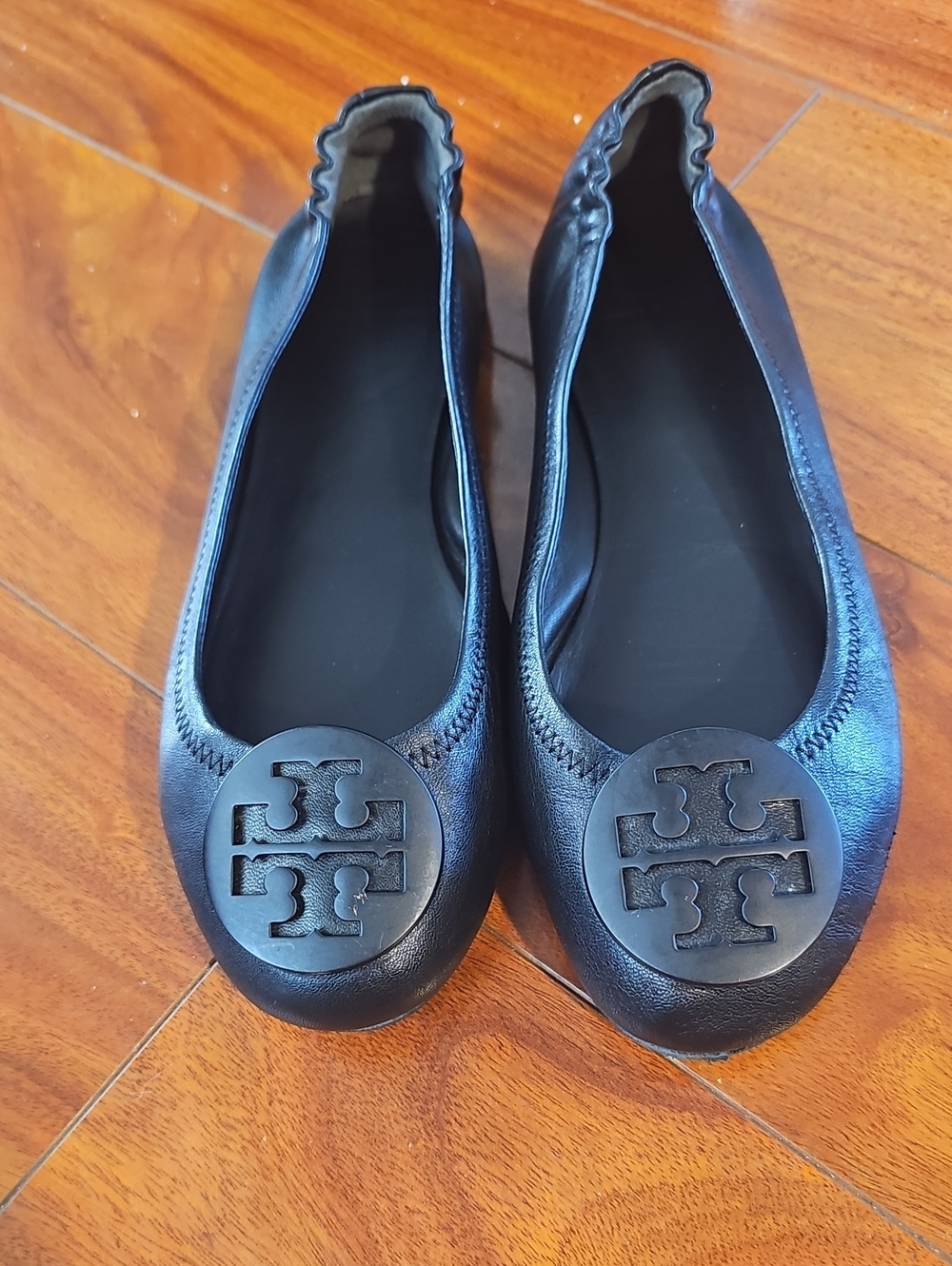 Tory Burch Minnie Travel Ballet Flats Black Leather Matte Logo Slip On Shoes Sz9